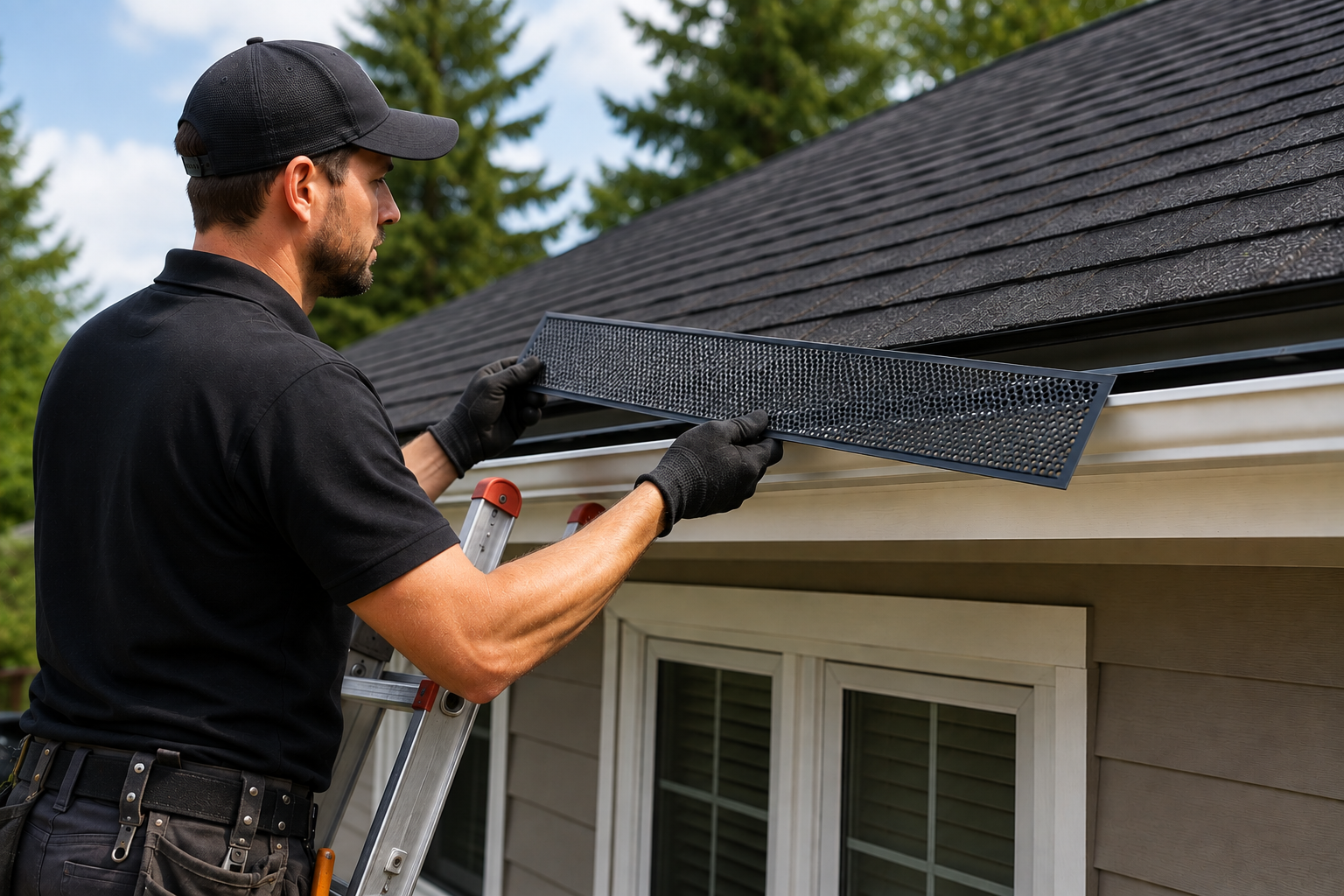 Aloha Gutter Services A technician Installing new gutter guard screens