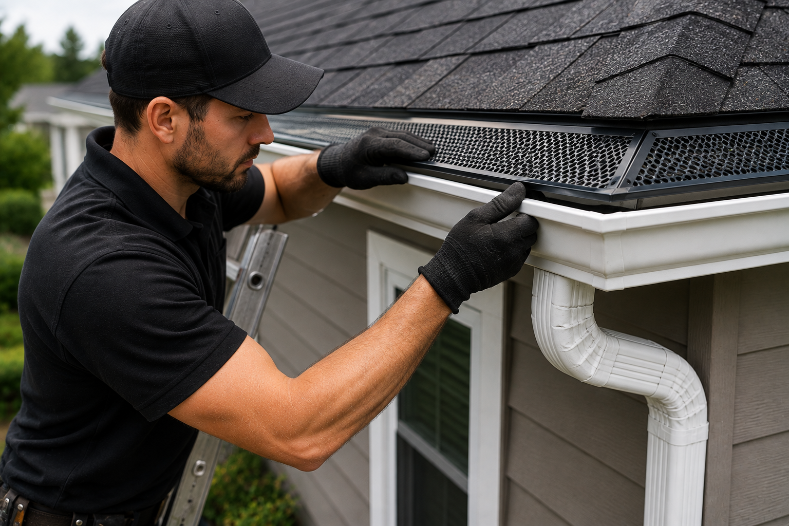 Aloha Gutter Services A technician Installing gutter guard systems at the corner of the gutter