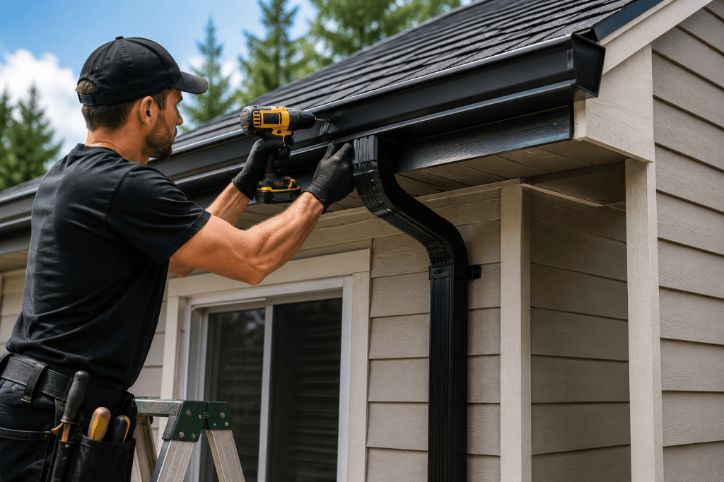 Aloha Gutter Services A technician using a power drill to install a gutter on the exterior of a house, with a ladder positioned nearby and trees in the background.
