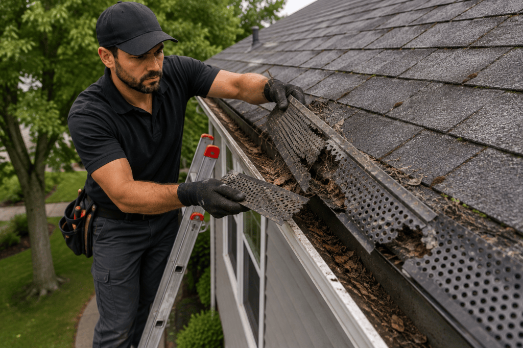 Aloha Gutter Services A technician Repairing and replacing a broken gutter guard system