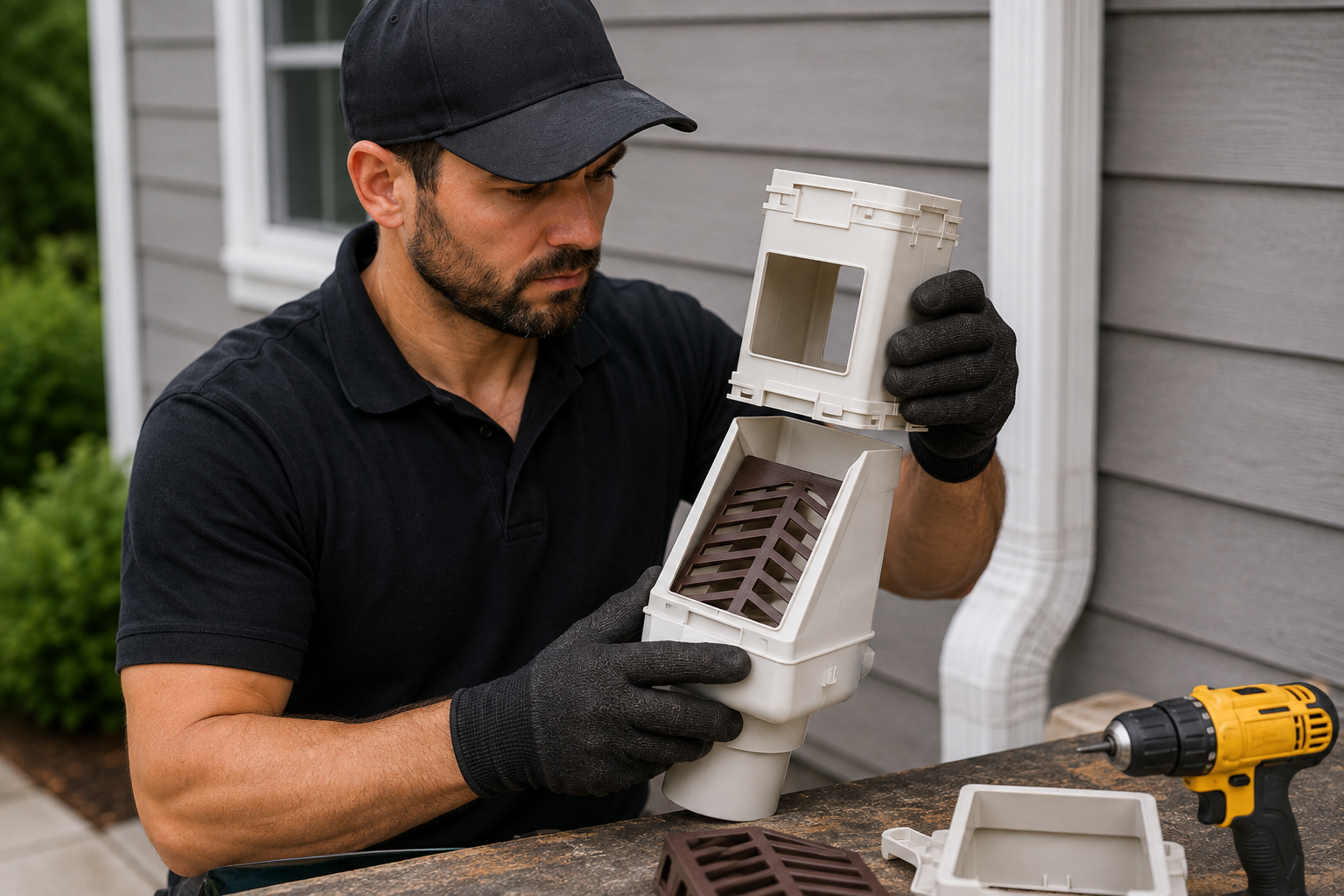 Aloha Gutter Services A technician Installing a new downspout debris guard system for a down spout