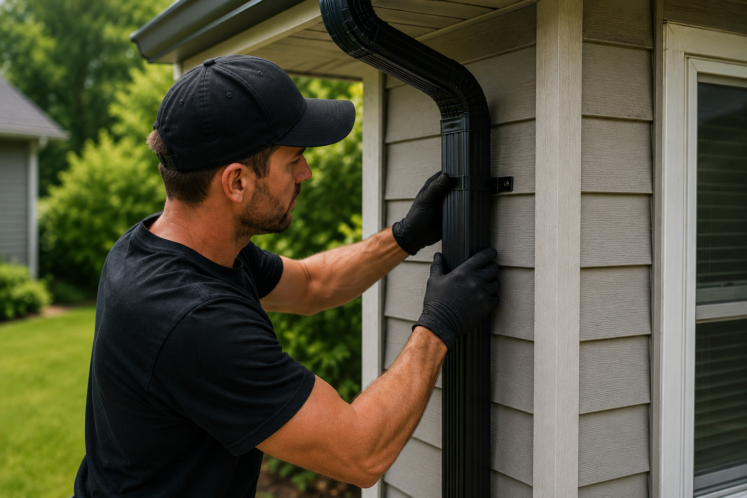 Aloha Gutter Services A technician performing Gutter downspout services in Aloha, Oregon