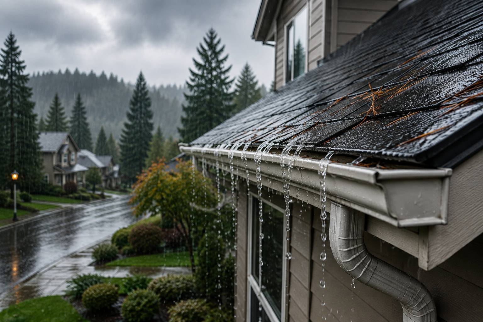 Aloha Gutter Services show a home with water overflowing the gutter system in Aloha, Oregon
