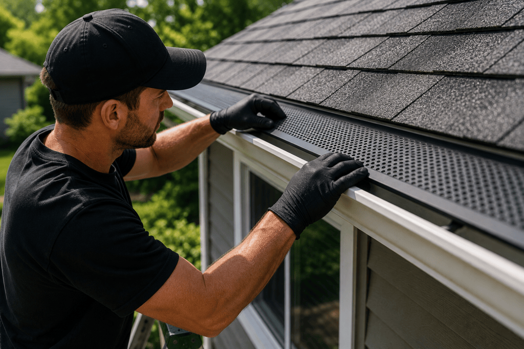 Aloha Gutter Services A technician Installing a gutter guard on the edge of a roof, wearing black gloves and focusing intently on the task.