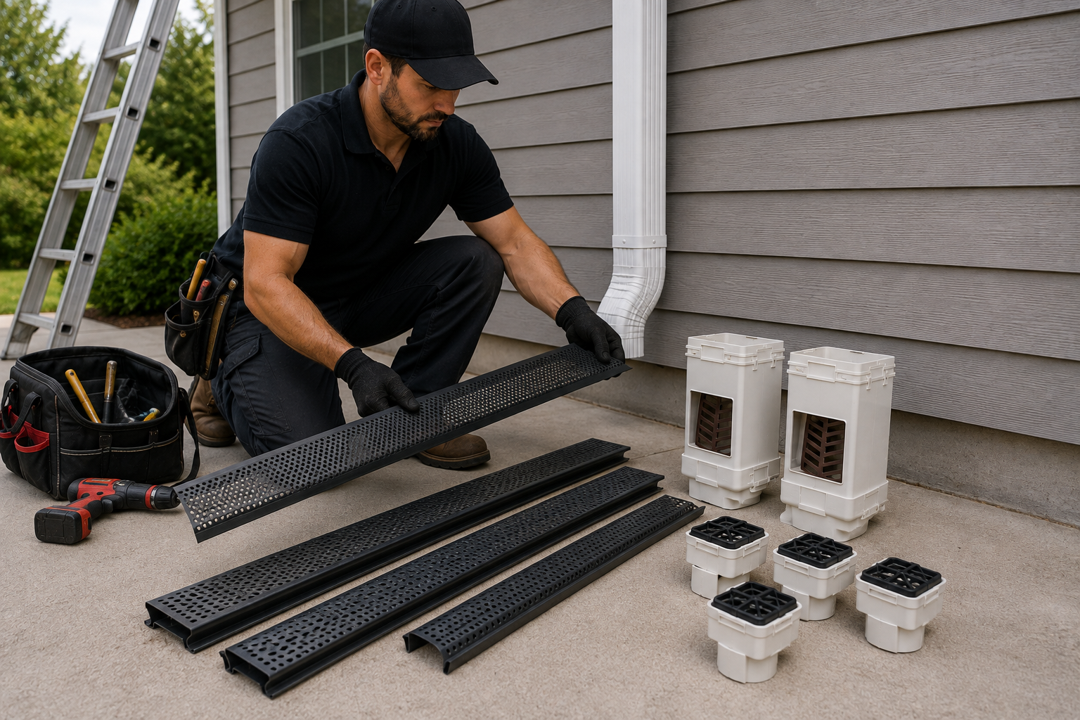 Aloha Gutter Services A technician Laying out and installing a new downspout debris guard and system