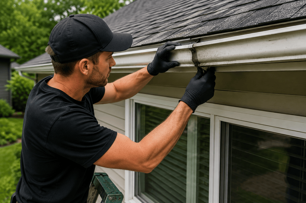Aloha Gutter Services A technician performs repairs a gutter on a house while standing on a ladder.