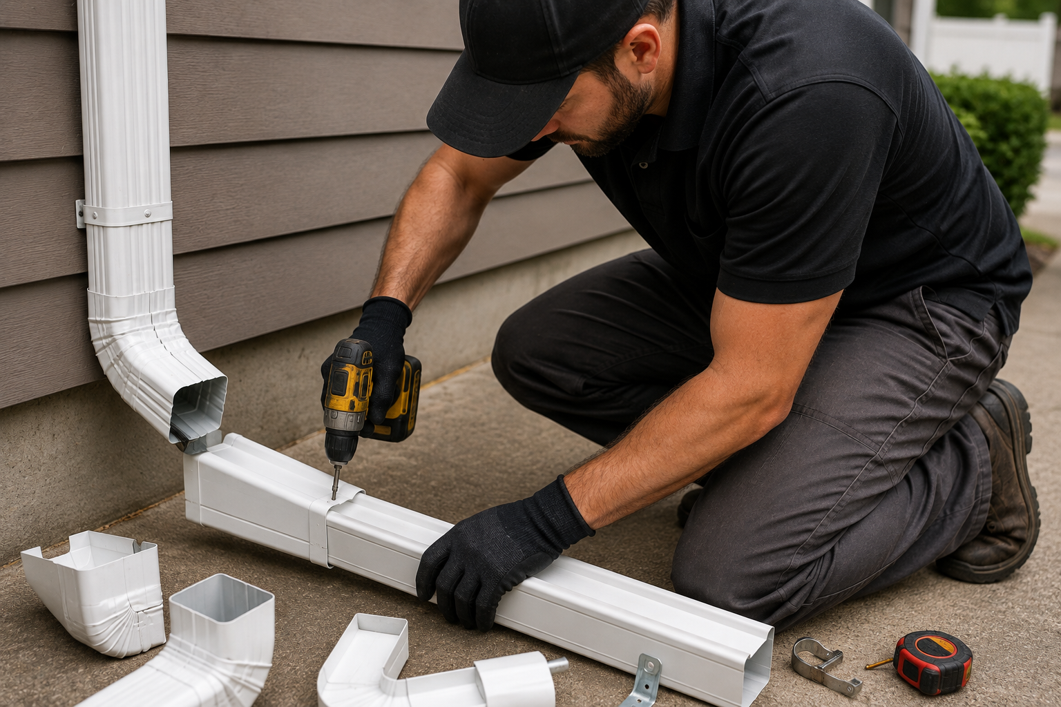 Aloha Gutter Services A technician Installing a downspout system