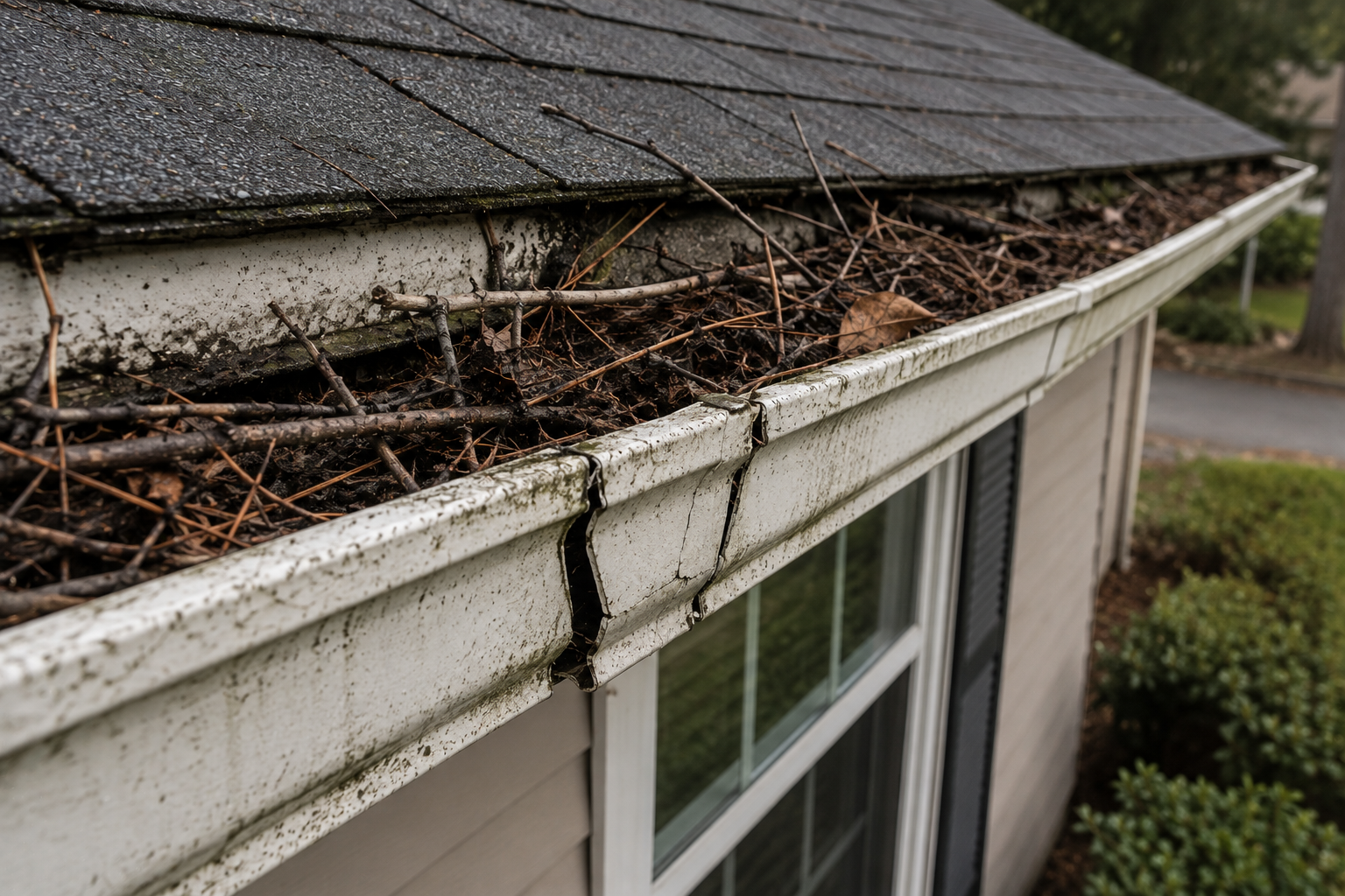 Aloha Gutter Services showing a home in Aloha, Oregon home with a broken and debris filled gutter 