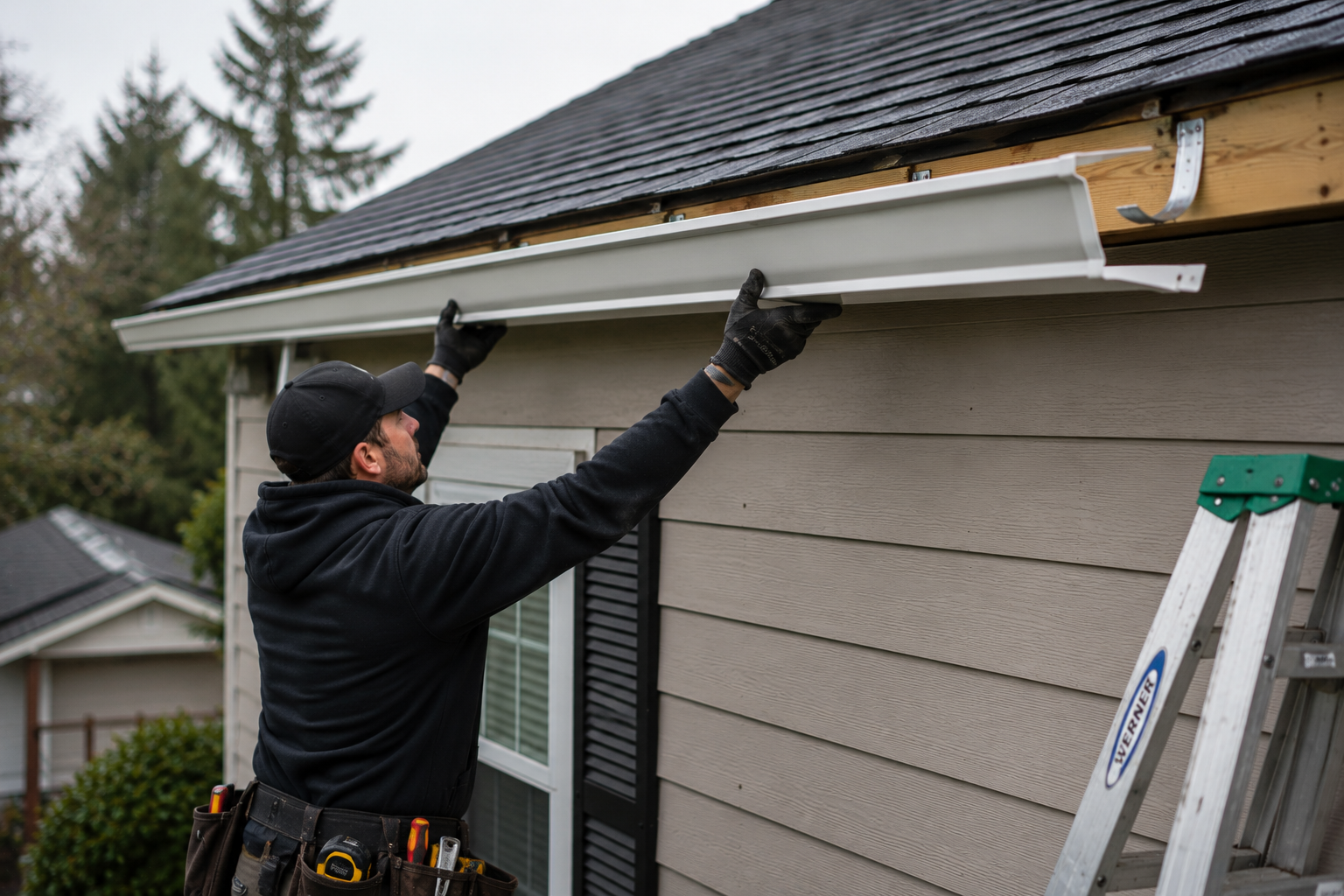 Aloha Gutter Services A technician Installing a gutter system