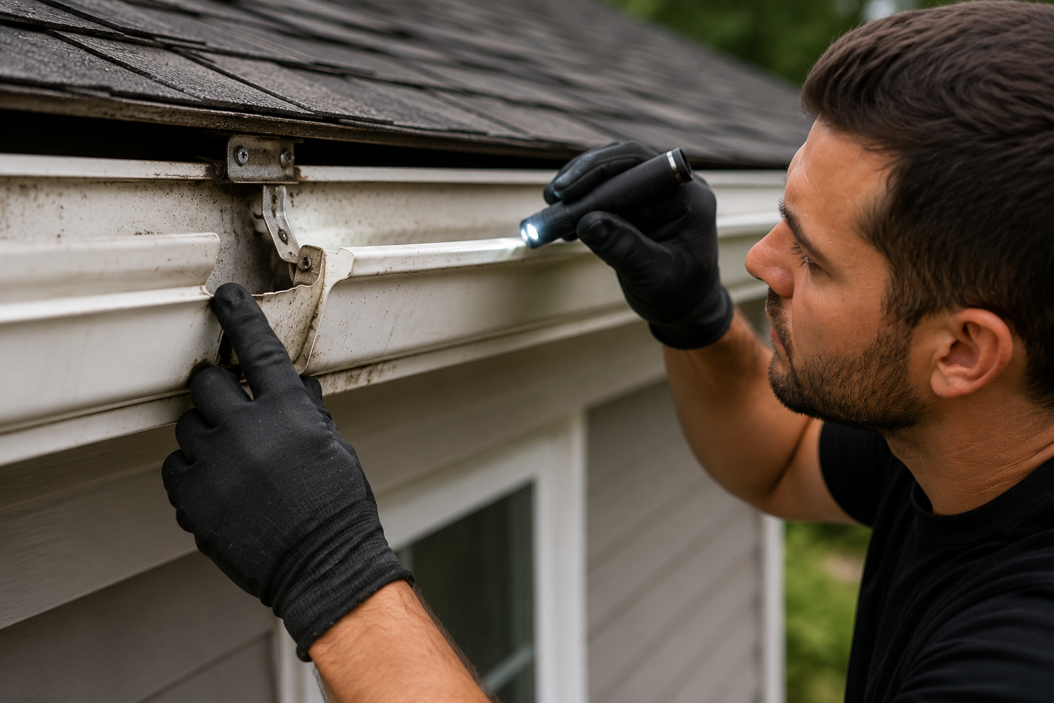 Aloha Gutter Services A technician Inspecting and repairing a gutter system