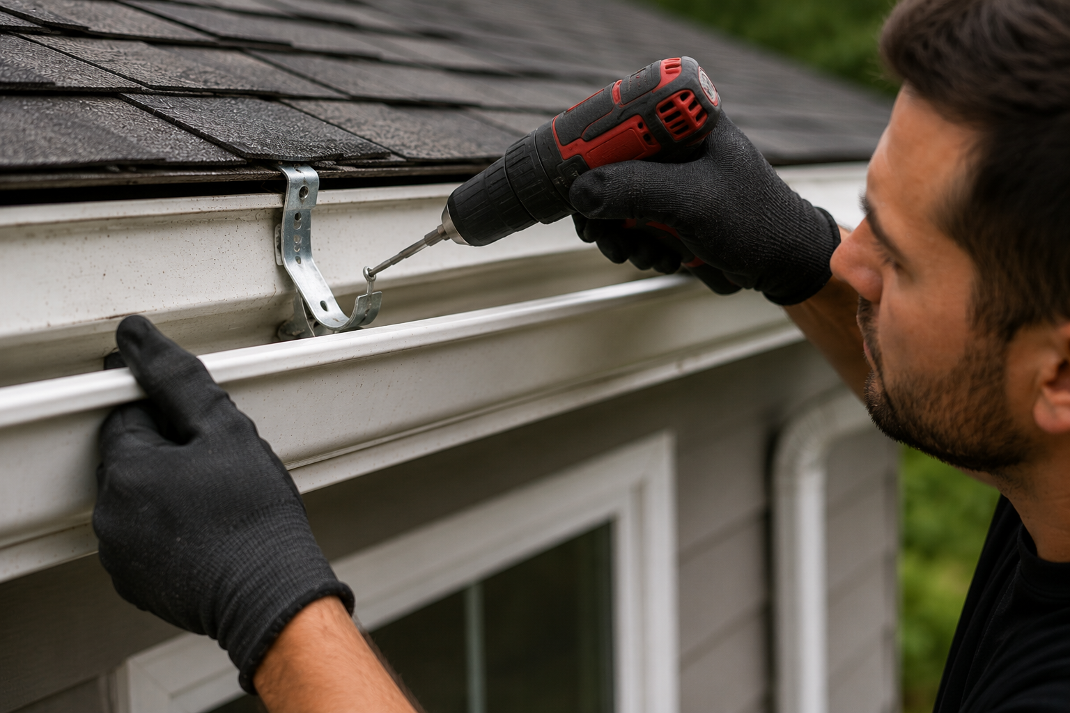 Aloha Gutter Services A technician Installing a repaired gutter system