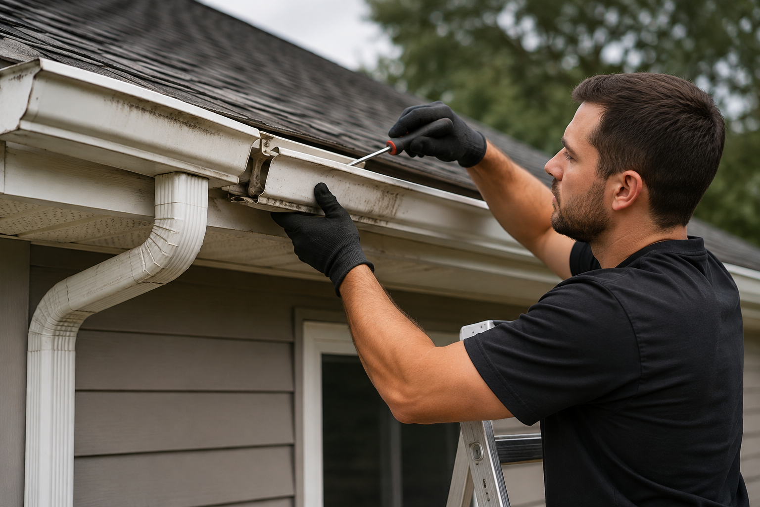 Aloha Gutter Services A technician Fixing and repairing a gutter system on an Aloha, Oregon Home