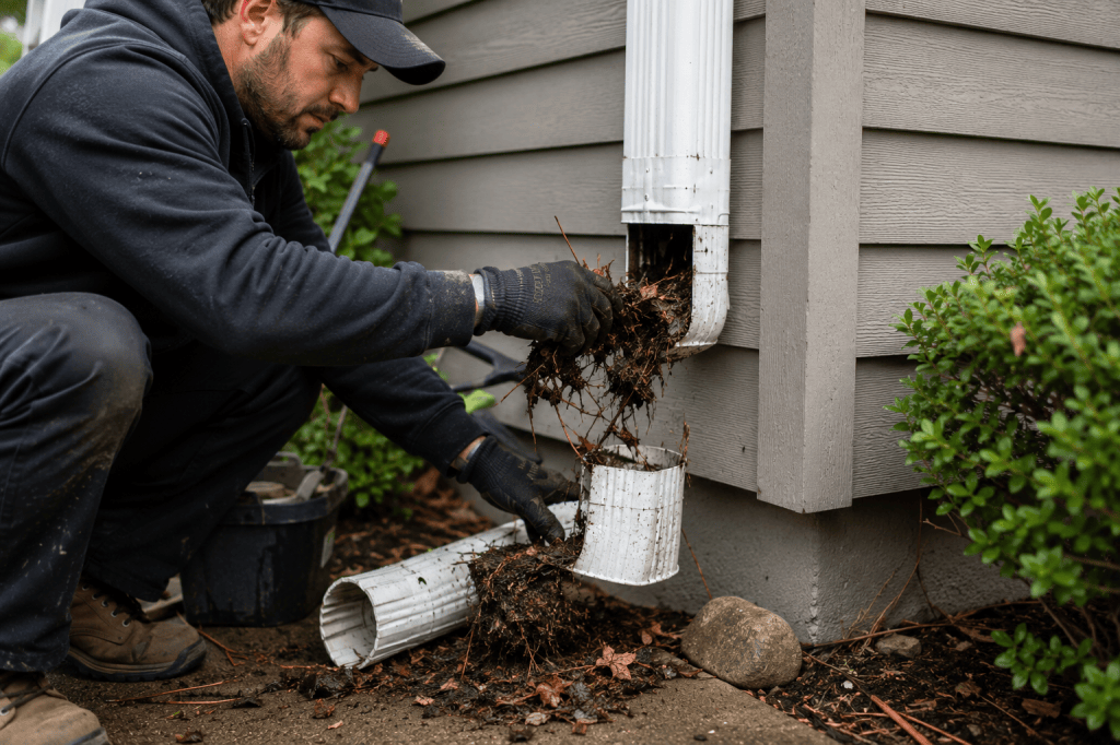 Aloha Gutter Services A technician is cleaning debris from a downspout at the base of a house, using both hands to remove leaves and dirt.