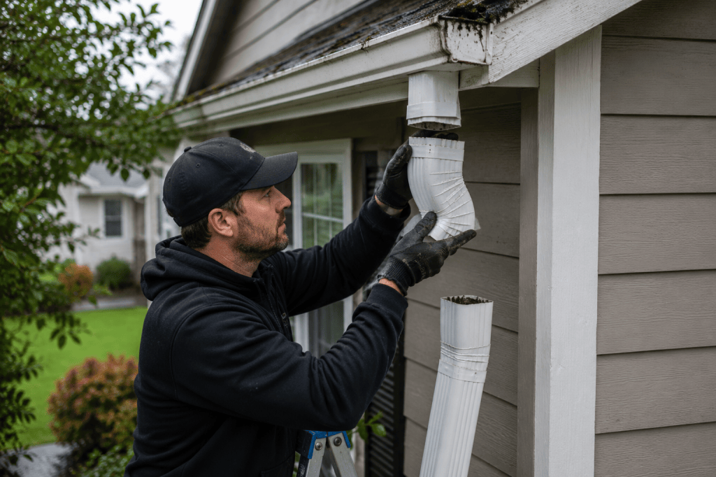 Aloha Gutter Services A technician is adjusting a white rain gutter attached to a house, demonstrating home maintenance.