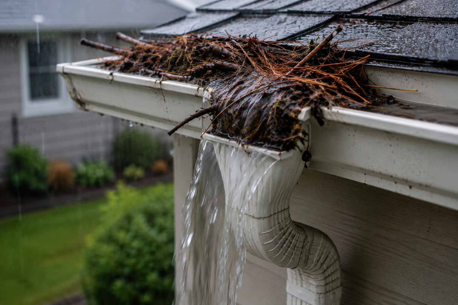 Aloha Gutter Services A close-up of a clogged rain gutter overflowing with water, debris, and pine needles during rainfall.