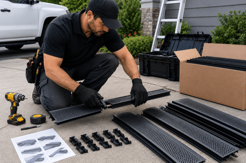 Aloha Gutter Services A technician Laying out a new gutter guard system to install
