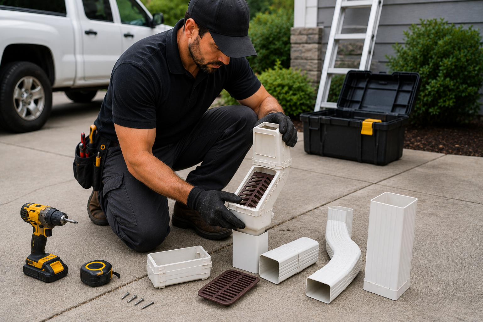 Aloha Gutter Services A technician Putting together and installing a new downspout guard system
