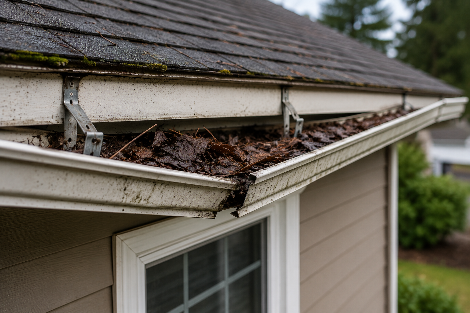 Aloha Gutter Services Shows a debris filled and broken gutter system