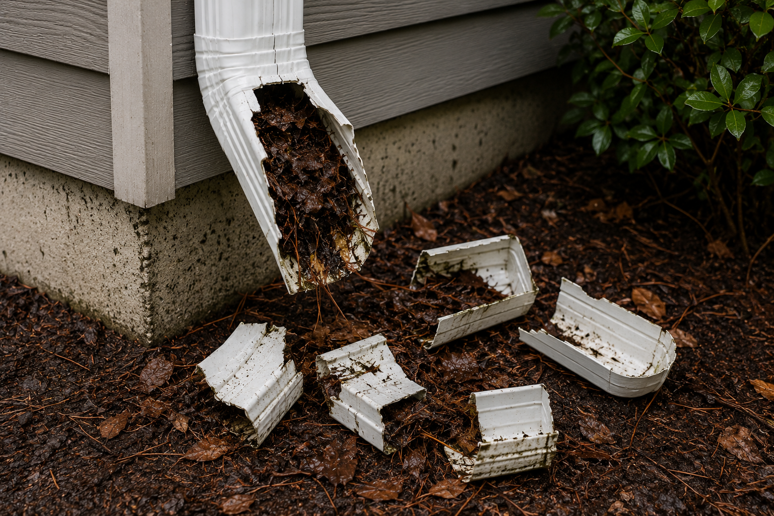 Aloha Gutter Services shows a broken downspout full of debris