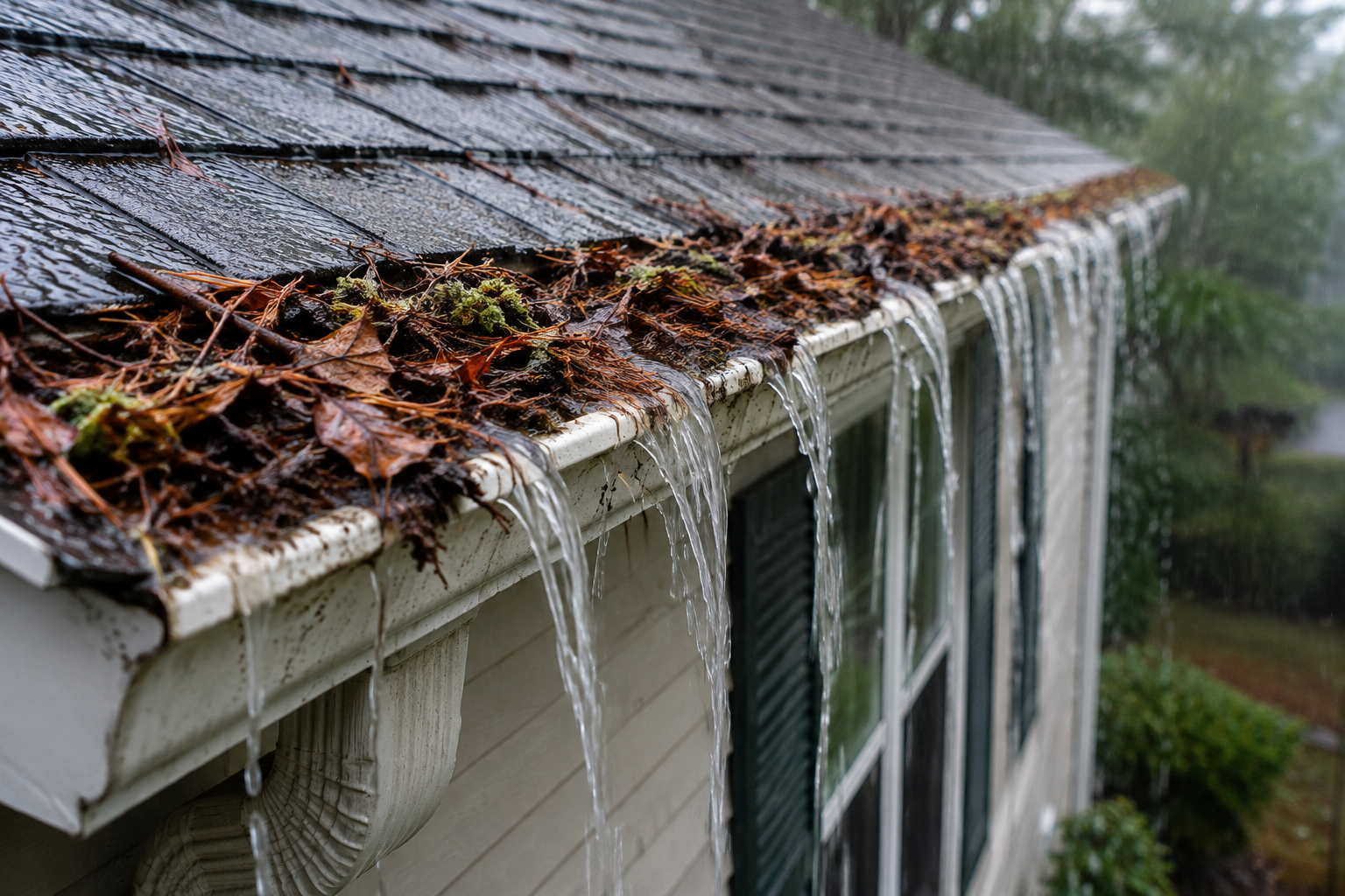 Aloha Gutter Services show a debris filled overflowing gutter system