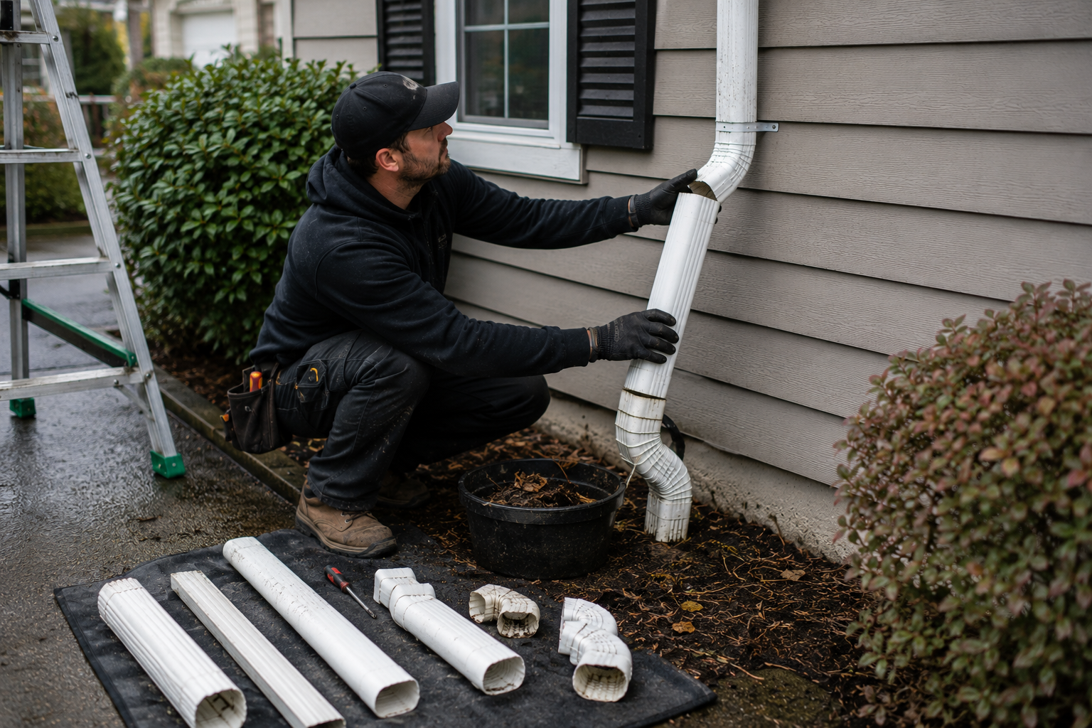 Aloha Gutter Services A technician replacing a gutter downspout system