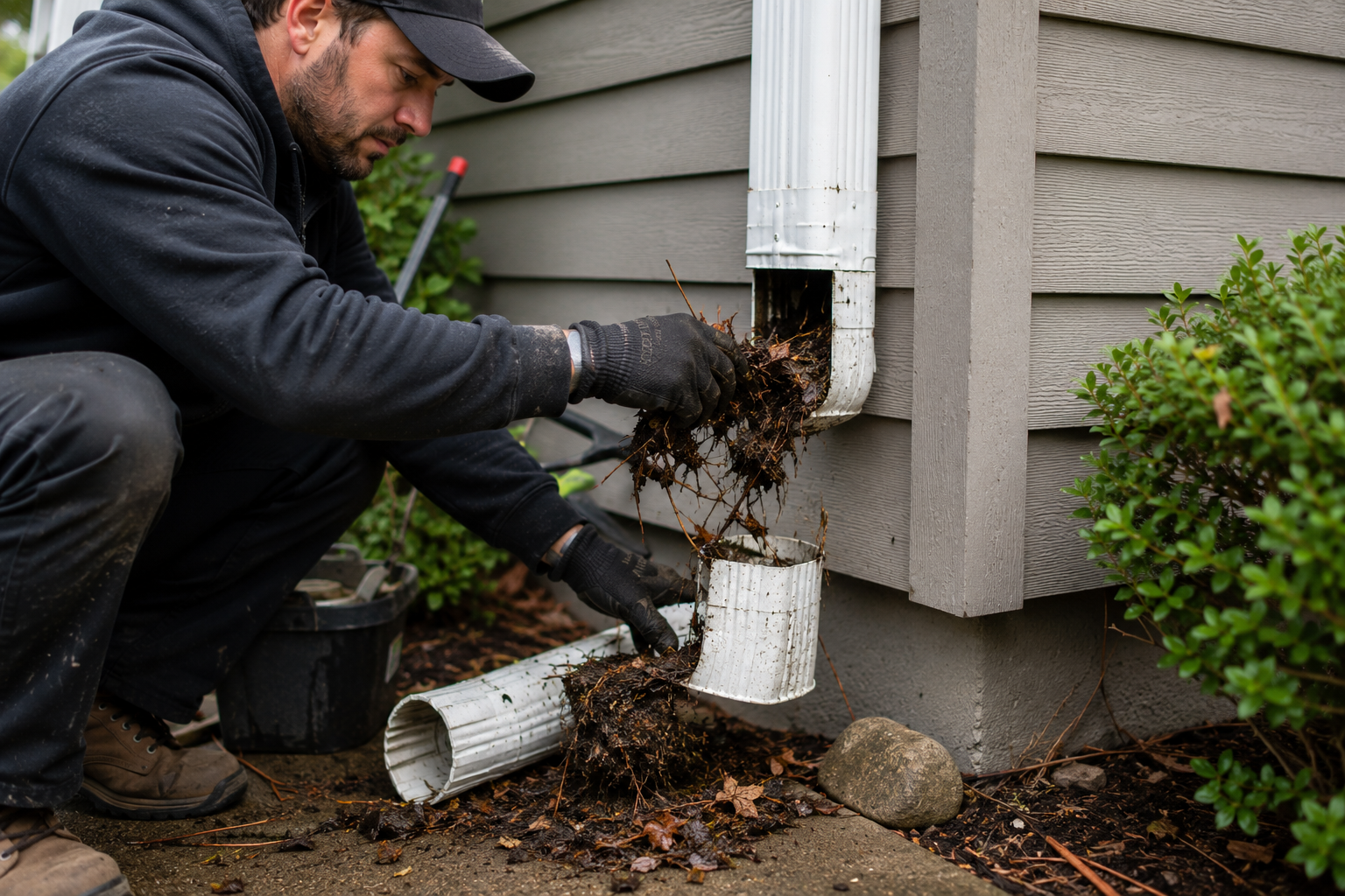 Aloha Gutter Services A technician servicing and Cleaning out a downspout system from debris and a blockage