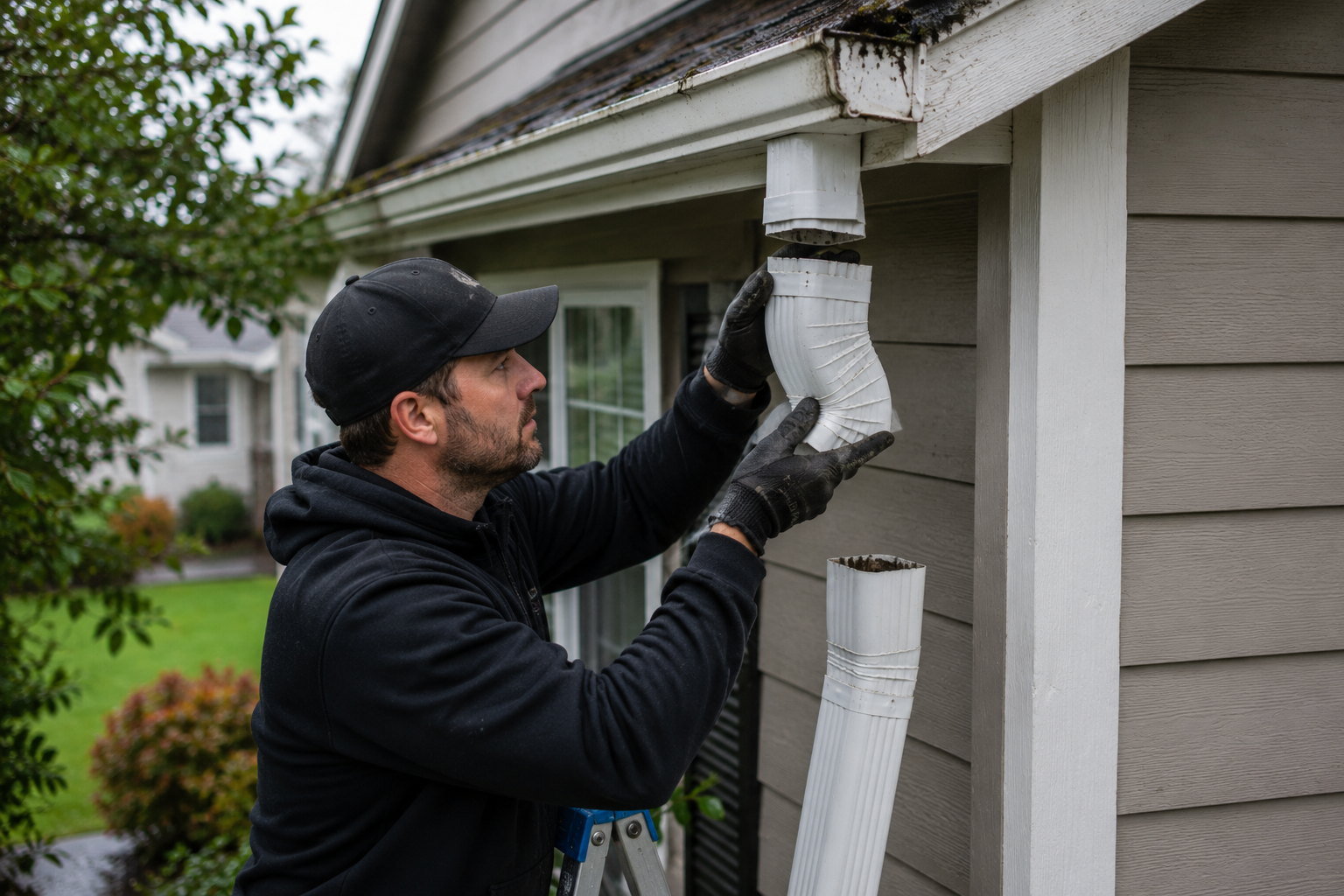 Aloha Gutter Services A technician Fixing and repairing gutter down spout from debris