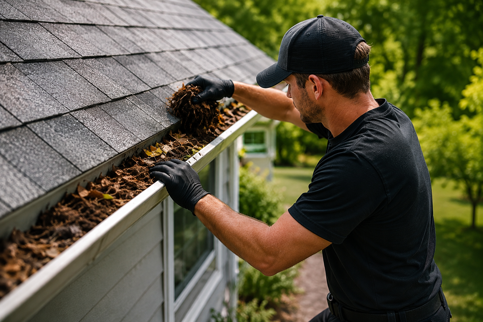 Aloha Gutter Services A technician Performing a gutter cleaning service 