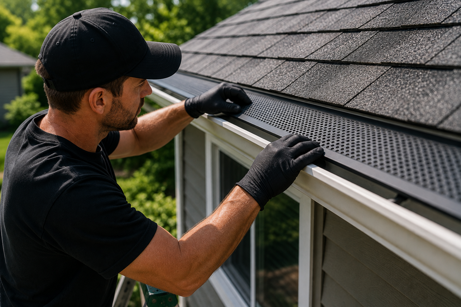 Aloha Gutter Services A technician Installing gutter guards