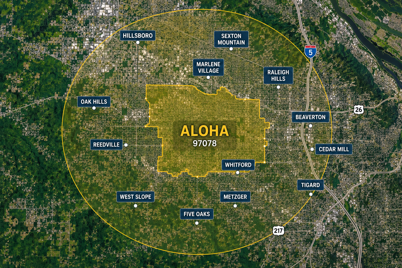 Map highlighting the Aloha, Oregon area with zip code 97078, featuring surrounding neighborhoods and main roads.