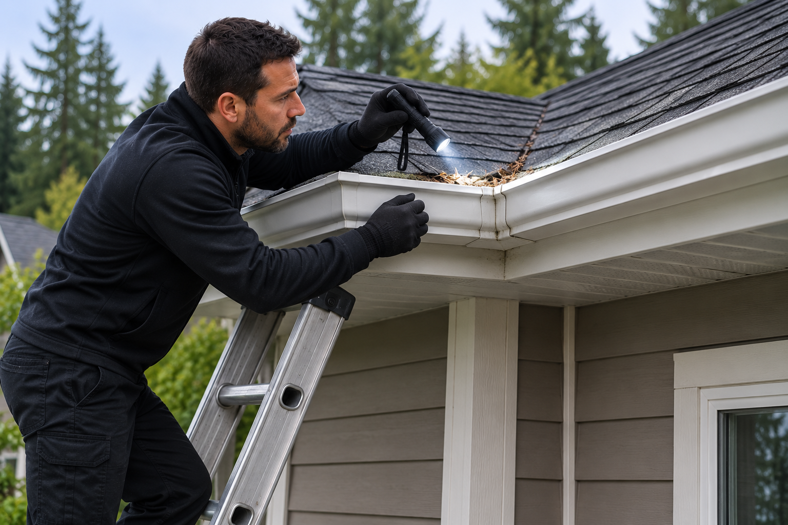 Aloha Gutter Services A technician Inspecting a gutter corner connector that is full of debris and in need of repair