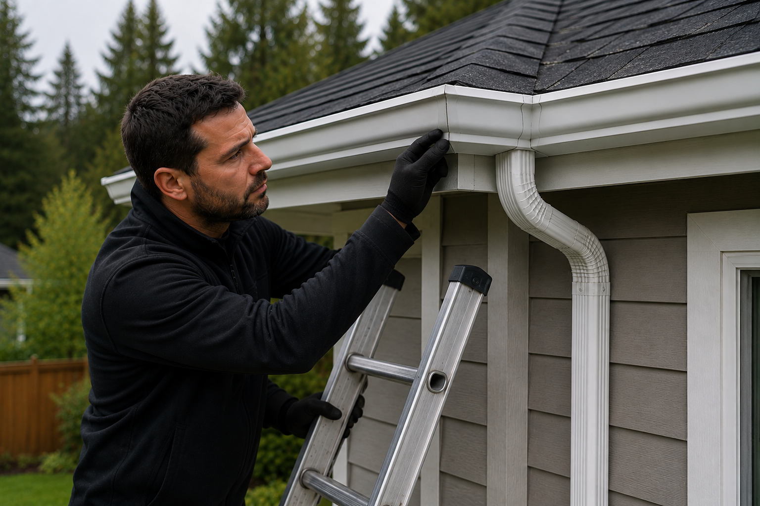 Aloha Gutter Services A technician Inspecting a gutter corner connector after repair
