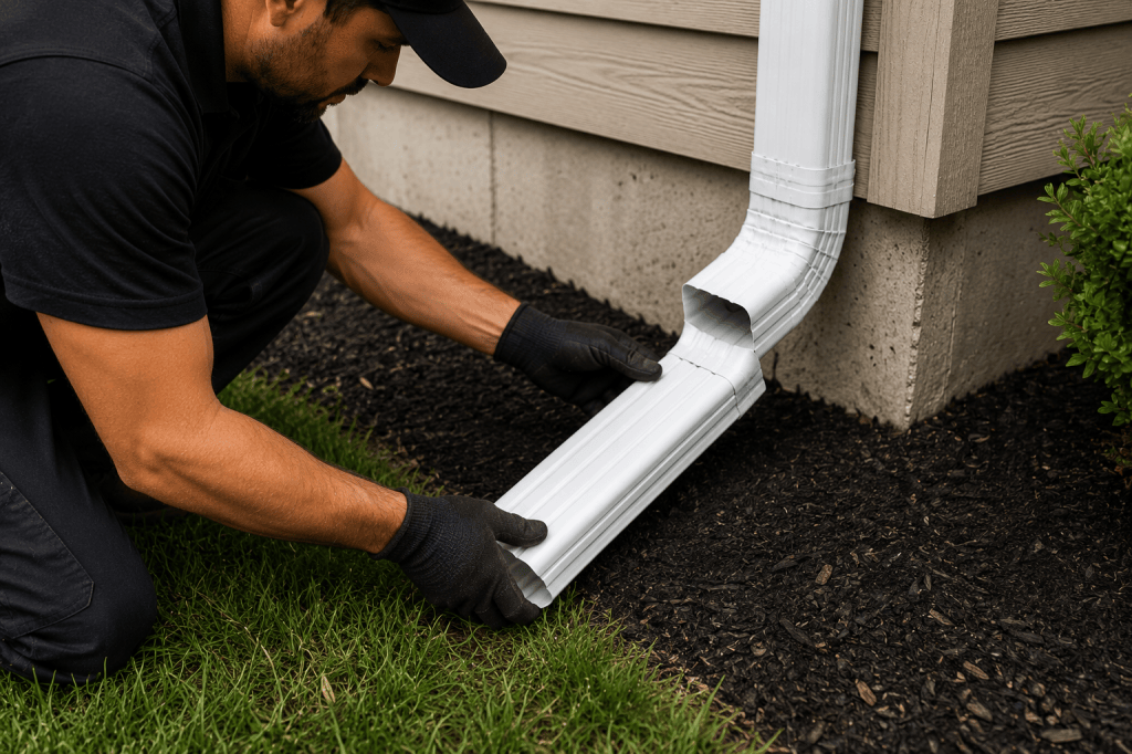 Aloha Gutter Services A technician Installing a longer downspout extension to divert water from pooling by the home foundation