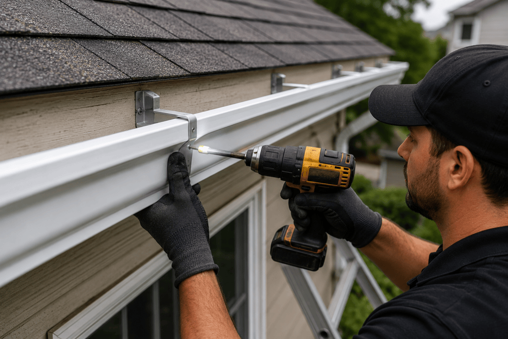 Aloha Gutter Services A technician Installing a new gutter and hangers