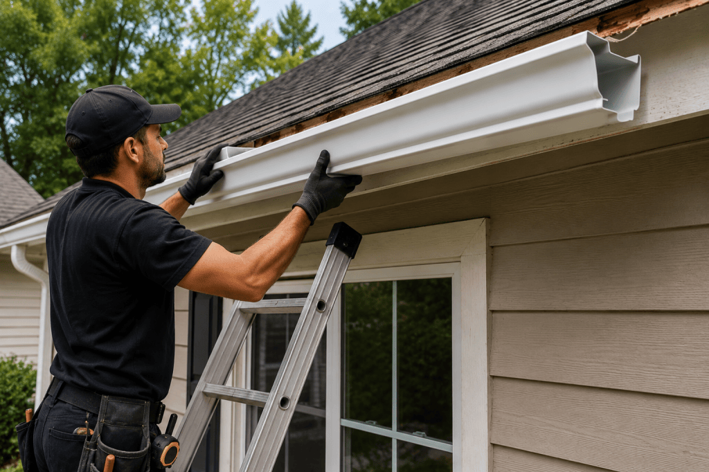 Aloha Gutter Services A technician Installing a new gutter 
