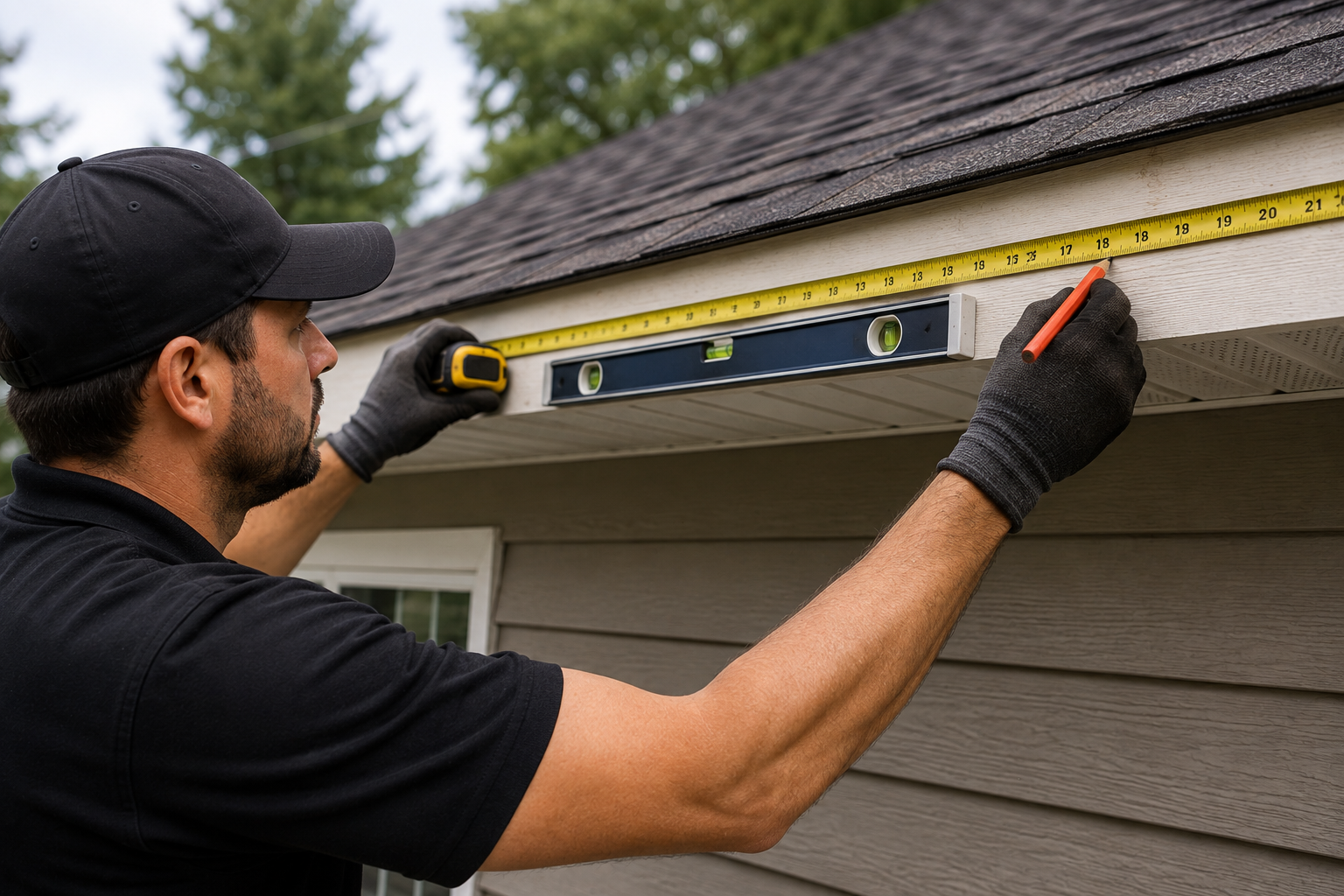 Aloha Gutter Services A technician Measuring and leveling to install a new gutter system