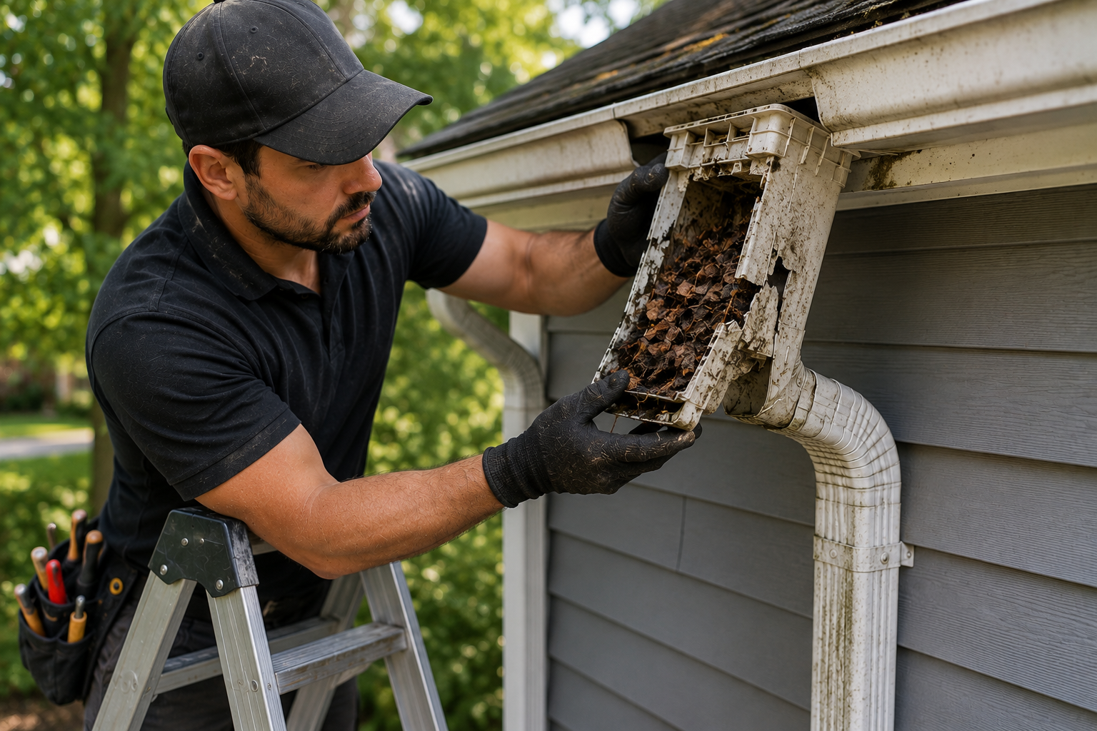 Aloha Gutter Services A technician Fixing and repairing a broken gutter downspout guard