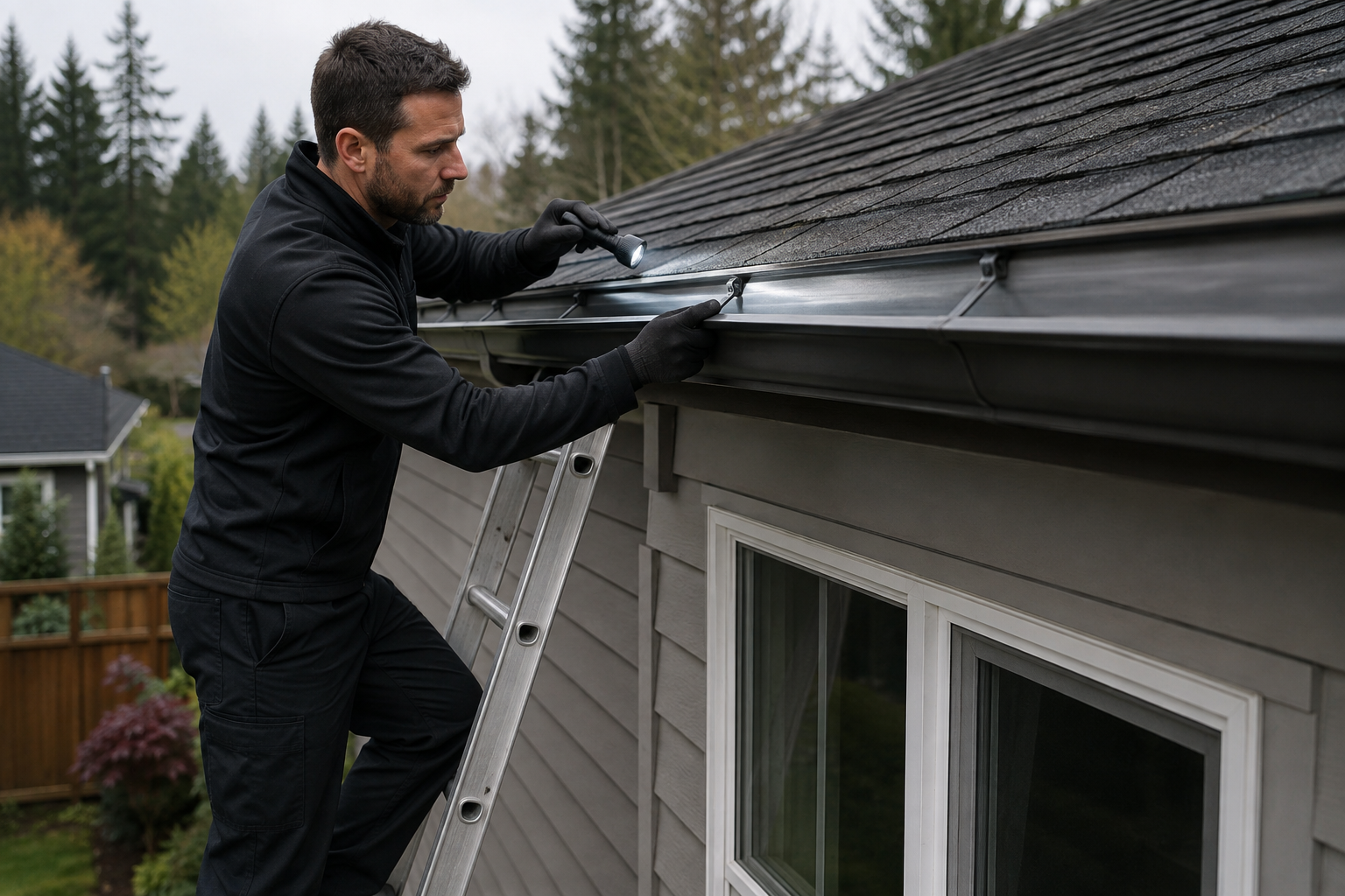 Aloha Gutter Services A technician Performing a gutter inspection on the gutter system