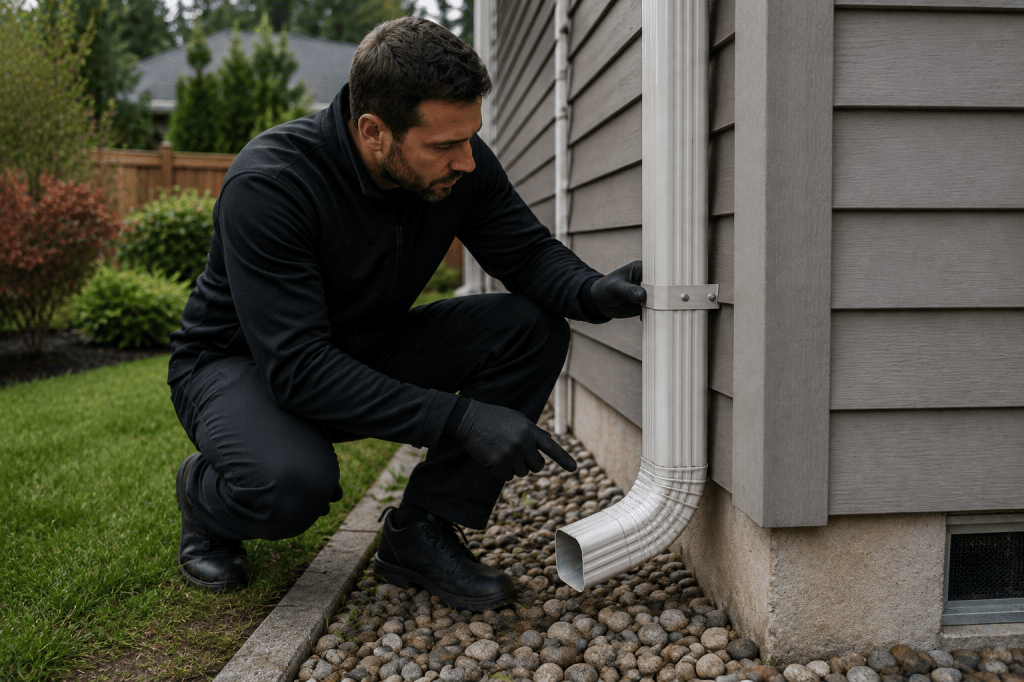 Aloha Gutter Services A technician Performing a inspection on a gutter downspout system