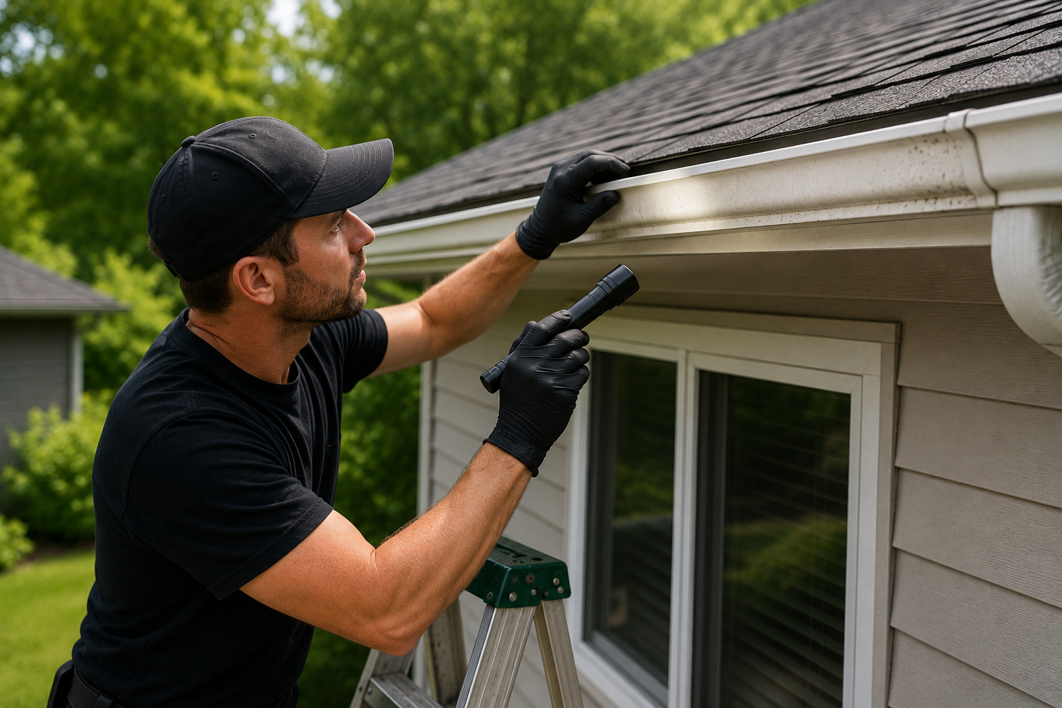 Aloha Gutter Services A technician Performing a gutter inspection 